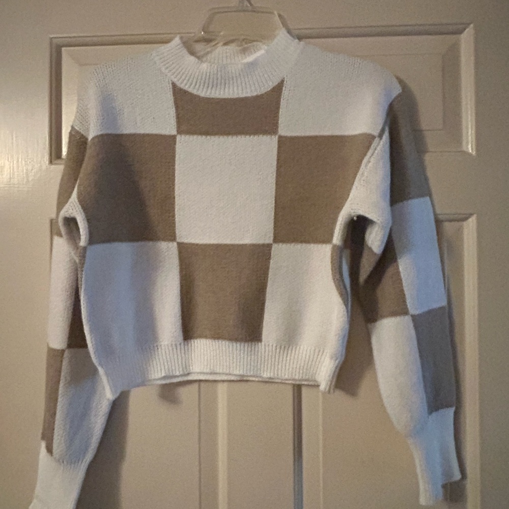 Papermoon Checked Crewneck Sweater in Cream and Tan